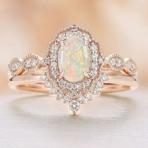 18K Rose Gold Art Deco Natural Opal and Halo Diamond Antique ring set